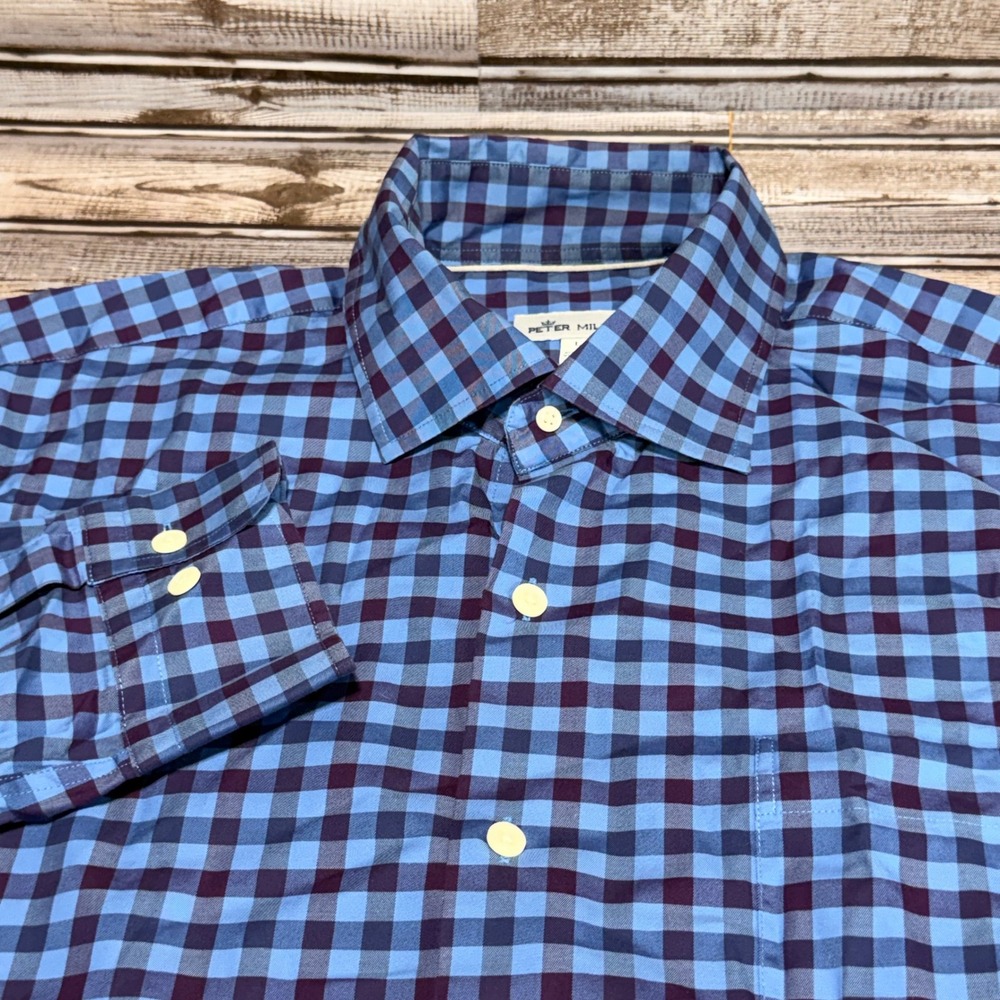 Peter Millar Button Down Mens Large Blue Gingham Long Sleeve Stretch Cotton